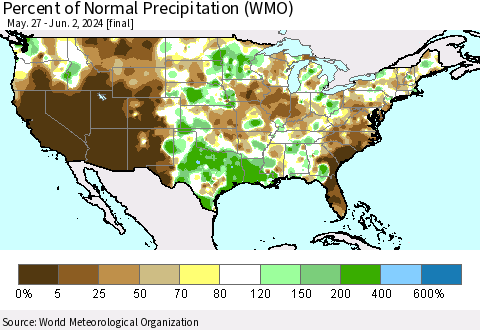 United States Percent of Normal Precipitation (WMO) Thematic Map For 5/27/2024 - 6/2/2024