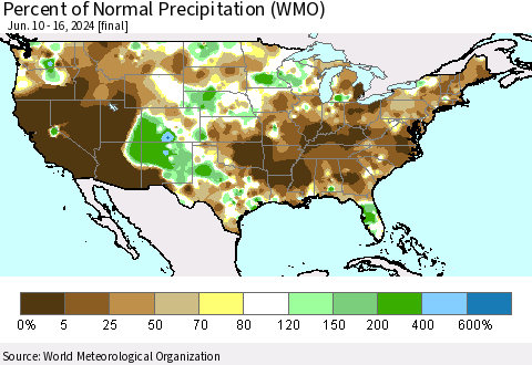 United States Percent of Normal Precipitation (WMO) Thematic Map For 6/10/2024 - 6/16/2024