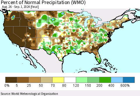 United States Percent of Normal Precipitation (WMO) Thematic Map For 8/26/2024 - 9/1/2024