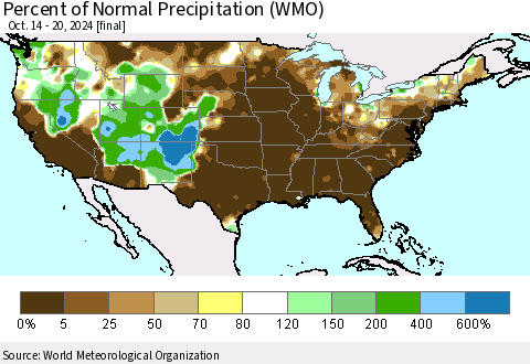 United States Percent of Normal Precipitation (WMO) Thematic Map For 10/14/2024 - 10/20/2024