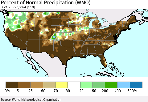 United States Percent of Normal Precipitation (WMO) Thematic Map For 10/21/2024 - 10/27/2024