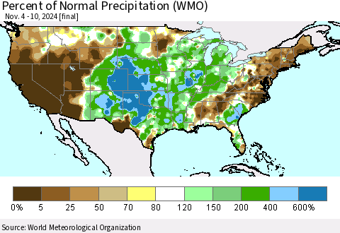 United States Percent of Normal Precipitation (WMO) Thematic Map For 11/4/2024 - 11/10/2024