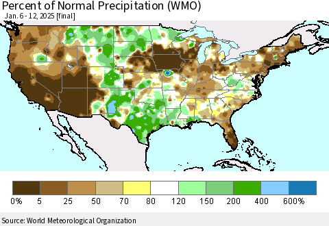 United States Percent of Normal Precipitation (WMO) Thematic Map For 1/6/2025 - 1/12/2025