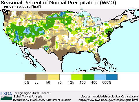 United States Seasonal Percent of Normal Precipitation (WMO) Thematic Map For 3/1/2019 - 3/10/2019