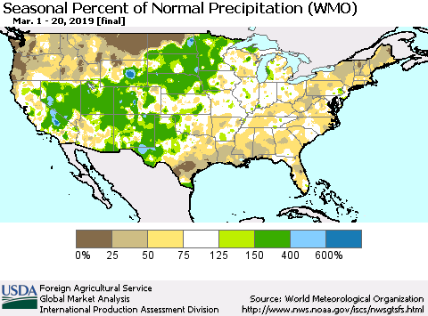 United States Seasonal Percent of Normal Precipitation (WMO) Thematic Map For 3/1/2019 - 3/20/2019