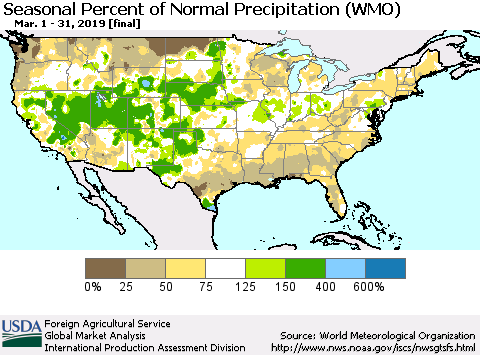 United States Seasonal Percent of Normal Precipitation (WMO) Thematic Map For 3/1/2019 - 3/31/2019