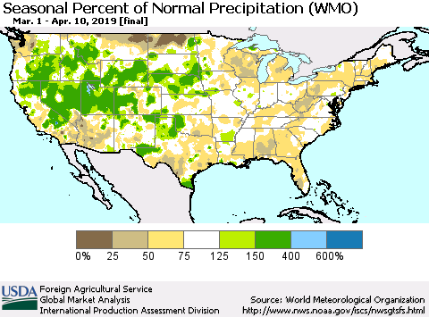 United States Seasonal Percent of Normal Precipitation (WMO) Thematic Map For 3/1/2019 - 4/10/2019