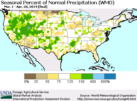 United States Seasonal Percent of Normal Precipitation (WMO) Thematic Map For 3/1/2019 - 4/20/2019