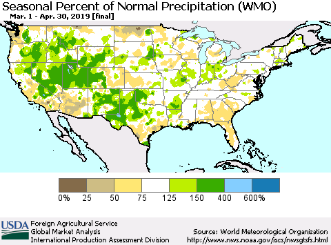 United States Seasonal Percent of Normal Precipitation (WMO) Thematic Map For 3/1/2019 - 4/30/2019