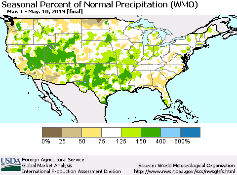 United States Seasonal Percent of Normal Precipitation (WMO) Thematic Map For 3/1/2019 - 5/10/2019