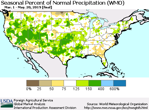 United States Seasonal Percent of Normal Precipitation (WMO) Thematic Map For 3/1/2019 - 5/20/2019
