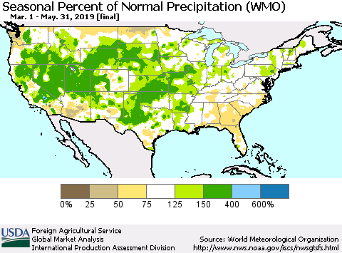 United States Seasonal Percent of Normal Precipitation (WMO) Thematic Map For 3/1/2019 - 5/31/2019
