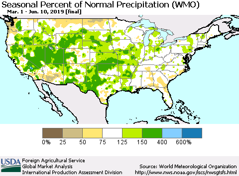 United States Seasonal Percent of Normal Precipitation (WMO) Thematic Map For 3/1/2019 - 6/10/2019