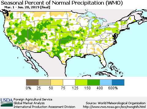 United States Seasonal Percent of Normal Precipitation (WMO) Thematic Map For 3/1/2019 - 6/20/2019