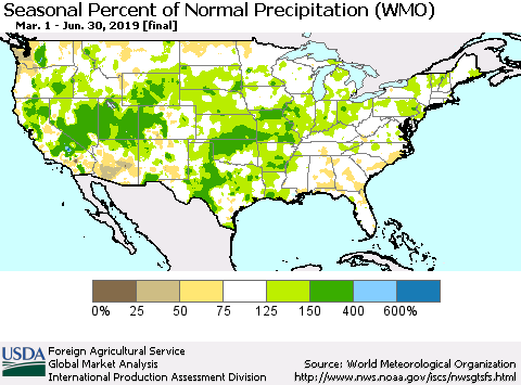 United States Seasonal Percent of Normal Precipitation (WMO) Thematic Map For 3/1/2019 - 6/30/2019