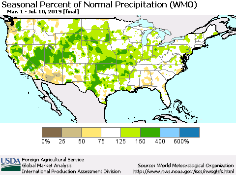United States Seasonal Percent of Normal Precipitation (WMO) Thematic Map For 3/1/2019 - 7/10/2019