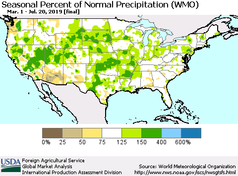 United States Seasonal Percent of Normal Precipitation (WMO) Thematic Map For 3/1/2019 - 7/20/2019