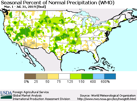 United States Seasonal Percent of Normal Precipitation (WMO) Thematic Map For 3/1/2019 - 7/31/2019