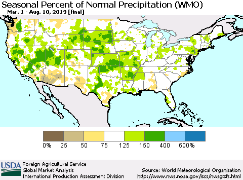 United States Seasonal Percent of Normal Precipitation (WMO) Thematic Map For 3/1/2019 - 8/10/2019