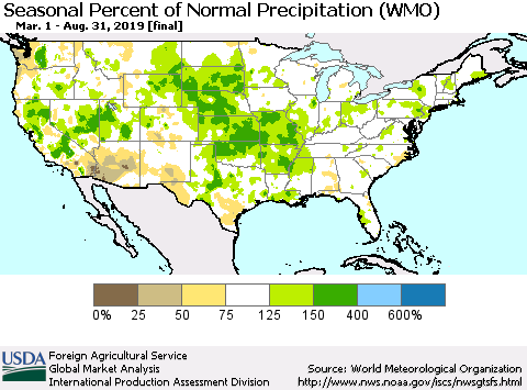 United States Seasonal Percent of Normal Precipitation (WMO) Thematic Map For 3/1/2019 - 8/31/2019