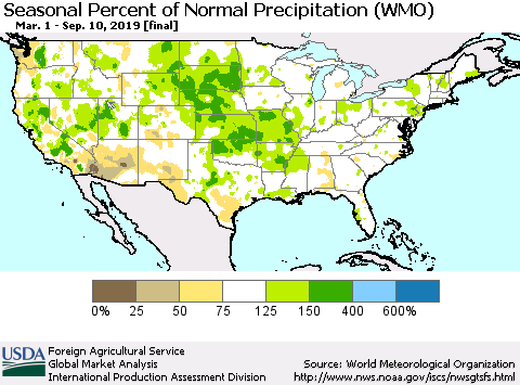 United States Seasonal Percent of Normal Precipitation (WMO) Thematic Map For 3/1/2019 - 9/10/2019