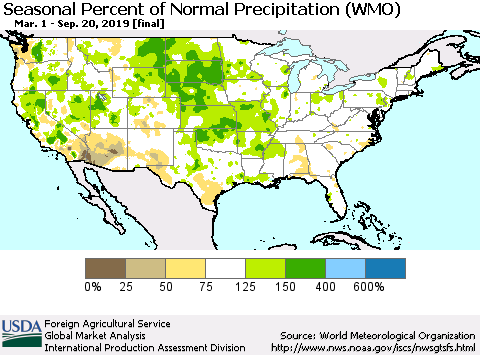 United States Seasonal Percent of Normal Precipitation (WMO) Thematic Map For 3/1/2019 - 9/20/2019
