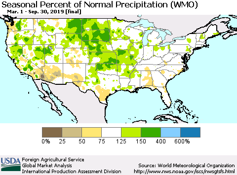 United States Seasonal Percent of Normal Precipitation (WMO) Thematic Map For 3/1/2019 - 9/30/2019