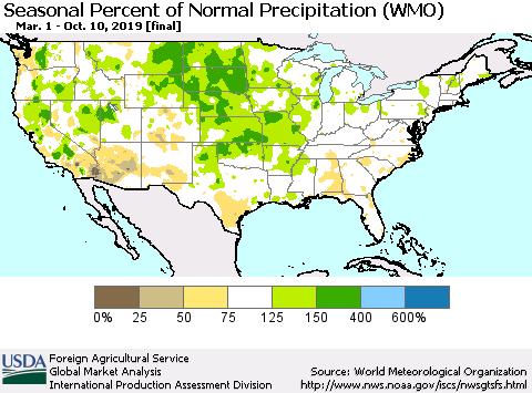 United States Seasonal Percent of Normal Precipitation (WMO) Thematic Map For 3/1/2019 - 10/10/2019