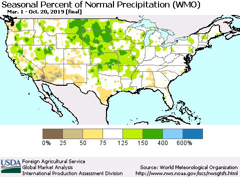 United States Seasonal Percent of Normal Precipitation (WMO) Thematic Map For 3/1/2019 - 10/20/2019