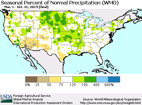 United States Seasonal Percent of Normal Precipitation (WMO) Thematic Map For 3/1/2019 - 10/31/2019