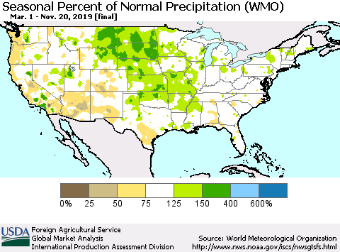 United States Seasonal Percent of Normal Precipitation (WMO) Thematic Map For 3/1/2019 - 11/20/2019