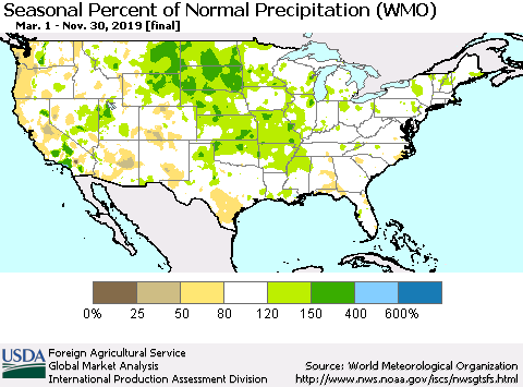 United States Seasonal Percent of Normal Precipitation (WMO) Thematic Map For 3/1/2019 - 11/30/2019
