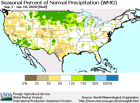United States Seasonal Percent of Normal Precipitation (WMO) Thematic Map For 9/1/2019 - 1/10/2020