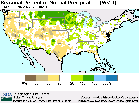 United States Seasonal Percent of Normal Precipitation (WMO) Thematic Map For 9/1/2019 - 1/20/2020