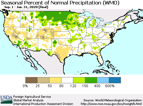 United States Seasonal Percent of Normal Precipitation (WMO) Thematic Map For 9/1/2019 - 1/31/2020