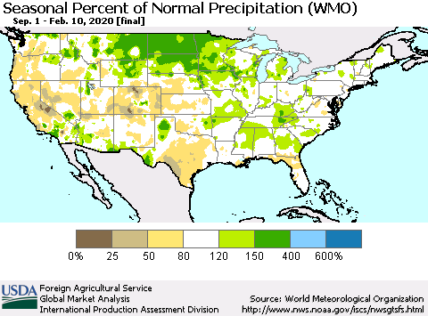 United States Seasonal Percent of Normal Precipitation (WMO) Thematic Map For 9/1/2019 - 2/10/2020