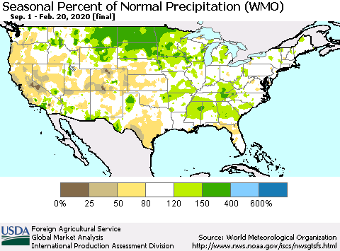 United States Seasonal Percent of Normal Precipitation (WMO) Thematic Map For 9/1/2019 - 2/20/2020