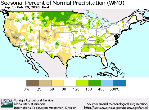 United States Seasonal Percent of Normal Precipitation (WMO) Thematic Map For 9/1/2019 - 2/29/2020