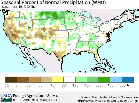 United States Seasonal Percent of Normal Precipitation (WMO) Thematic Map For 9/1/2019 - 3/10/2020