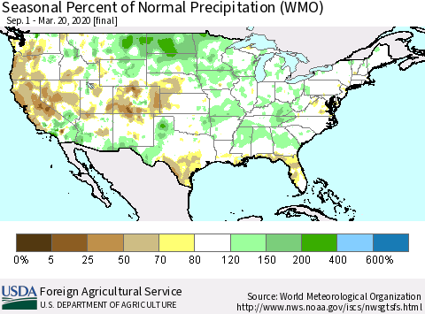 United States Seasonal Percent of Normal Precipitation (WMO) Thematic Map For 9/1/2019 - 3/20/2020