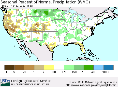 United States Seasonal Percent of Normal Precipitation (WMO) Thematic Map For 9/1/2019 - 3/31/2020