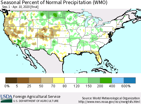 United States Seasonal Percent of Normal Precipitation (WMO) Thematic Map For 9/1/2019 - 4/10/2020