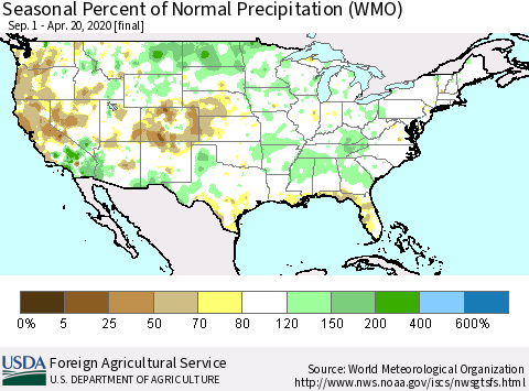 United States Seasonal Percent of Normal Precipitation (WMO) Thematic Map For 9/1/2019 - 4/20/2020