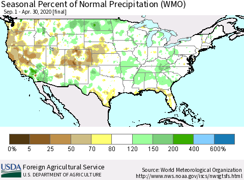 United States Seasonal Percent of Normal Precipitation (WMO) Thematic Map For 9/1/2019 - 4/30/2020