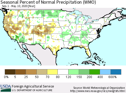 United States Seasonal Percent of Normal Precipitation (WMO) Thematic Map For 9/1/2019 - 5/10/2020