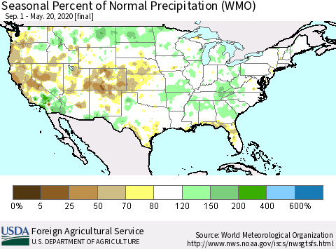 United States Seasonal Percent of Normal Precipitation (WMO) Thematic Map For 9/1/2019 - 5/20/2020