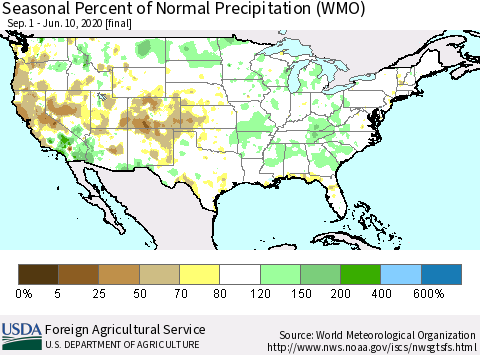 United States Seasonal Percent of Normal Precipitation (WMO) Thematic Map For 9/1/2019 - 6/10/2020