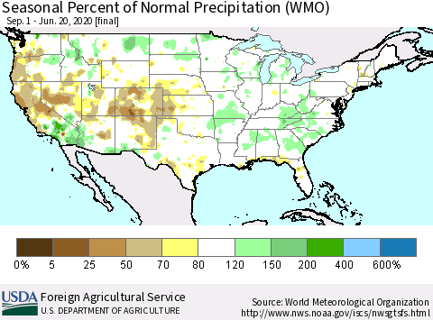 United States Seasonal Percent of Normal Precipitation (WMO) Thematic Map For 9/1/2019 - 6/20/2020