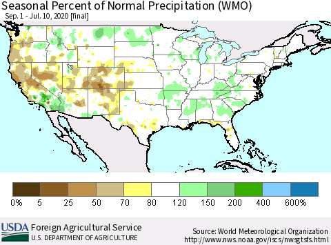 United States Seasonal Percent of Normal Precipitation (WMO) Thematic Map For 9/1/2019 - 7/10/2020