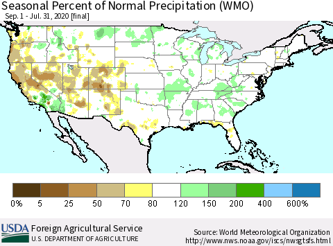 United States Seasonal Percent of Normal Precipitation (WMO) Thematic Map For 9/1/2019 - 7/31/2020